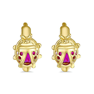14K Yellow Gold Ladybug Pink CZ Huggie Hoop Earrings (10mm)